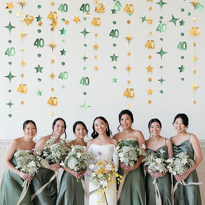 Sage Green Gold 40th Birthday Decorations Number 40 Circle Dot Twinkle Star Garland Streamer Banner Backdrop for Women Mens Cheers to 40 Years Old Birthday Happy 40th Anniversary Party Supplies