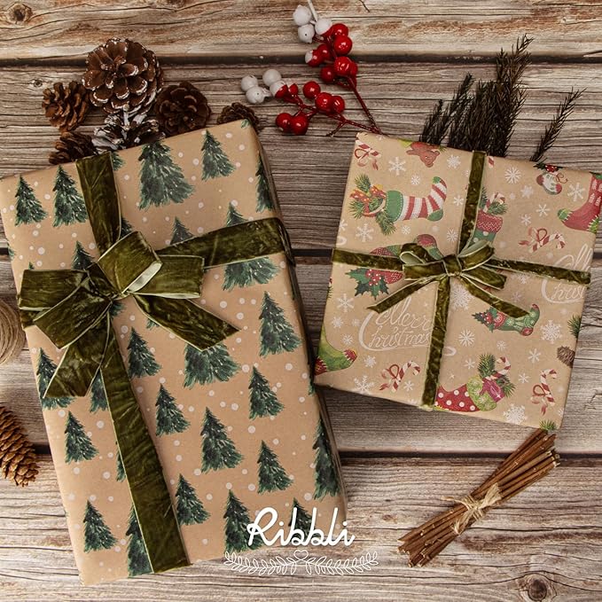 Ribbli Moss Green Velvet Ribbon 3/8 Inches Luxury Crinkled Green Christmas Ribbon for Gift Wrapping Crafts Home Decor-Continuous 10 Yard