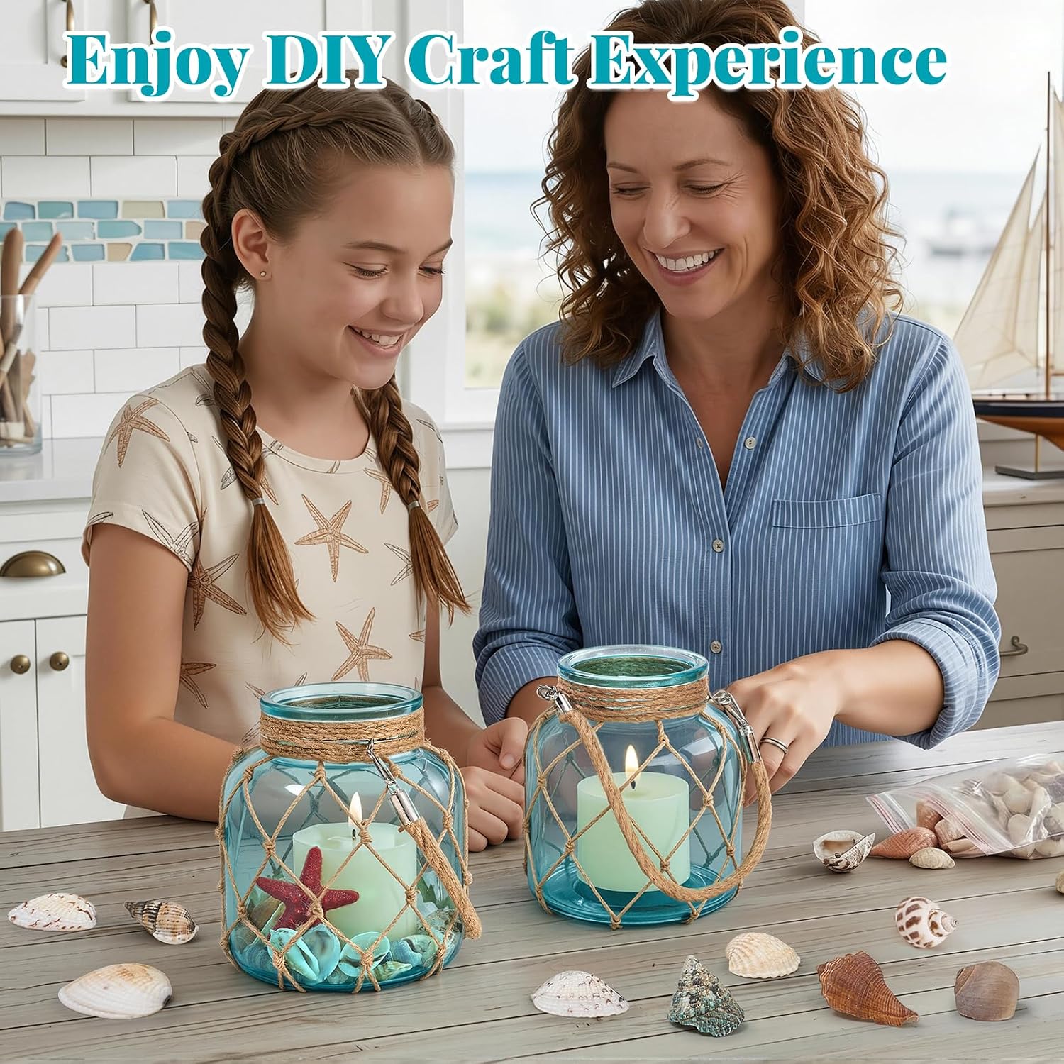 2 Set of Nautical Candle Lanterns, Coastal Beach Decor Blue Glass Jars with Rope Handle, Flameless LED Candles and Sea Shells for DIY Room Centerpiece Bathroom Ocean Decoration