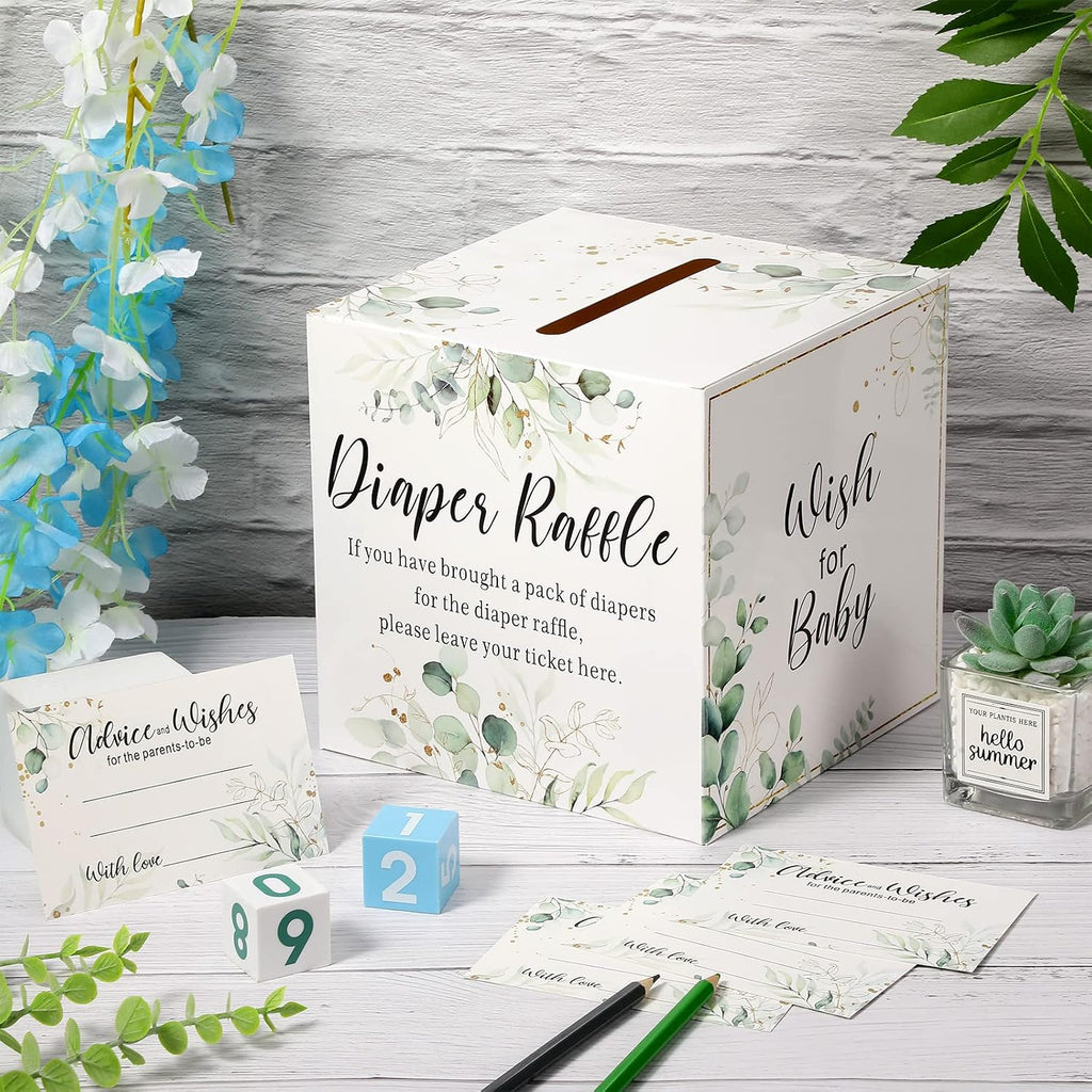 Pajean Greenery Diaper Raffle Box for Baby Shower Party with 50 Pcs Tickets | Baby Shower Games And Diaper Party Supplies For Gender Neutral Greenery Decorations, Gift Table And Raffle Activity