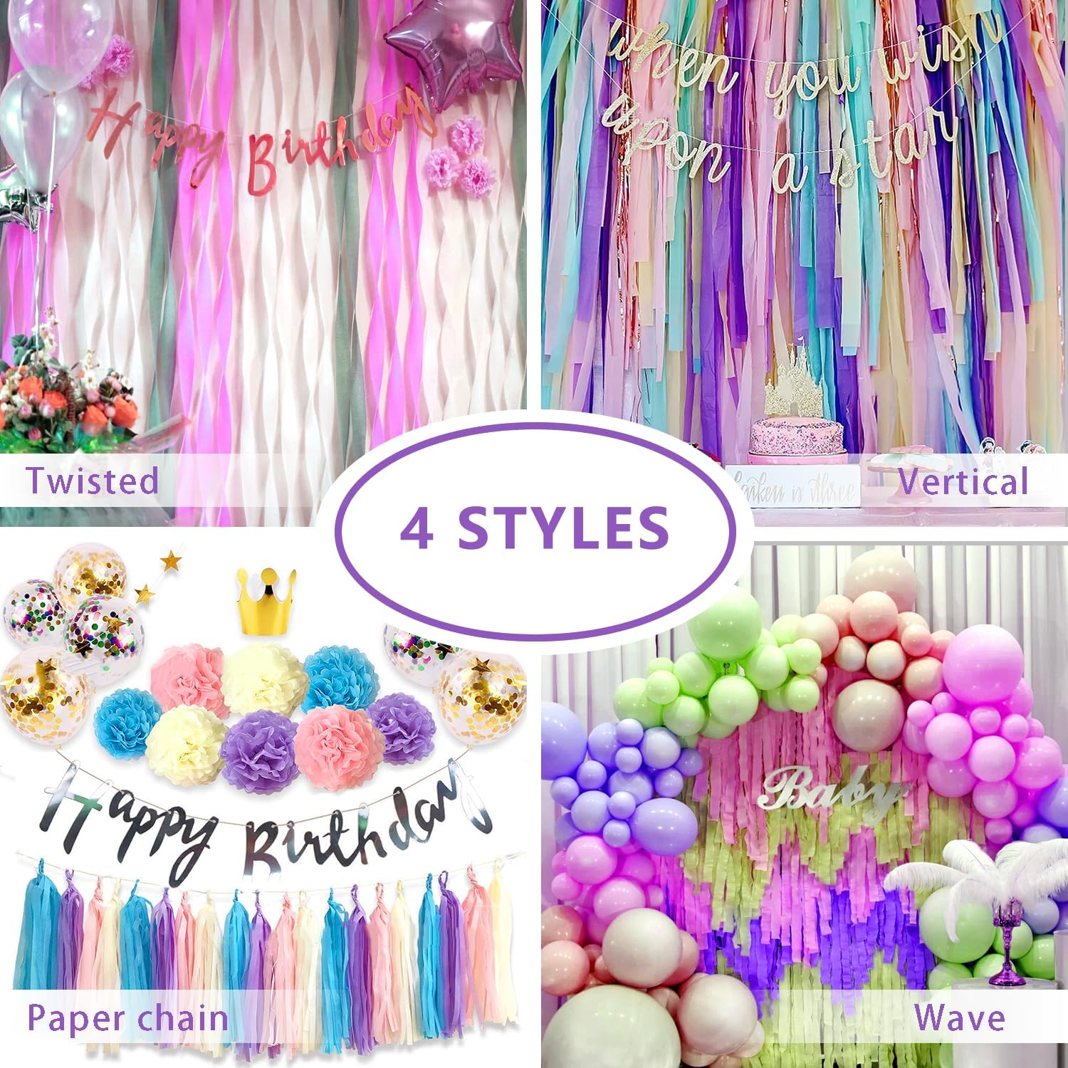 PIGETALE Crepe Paper Streamers 4 Rolls 328ft, Pack of Unique 3 Purple and White Party Streamer for Birthday Wedding Ceremony Baby Shower Party Decorations DIY Supplies Art Crafts (1.8Inch x 82Ft/Roll)
