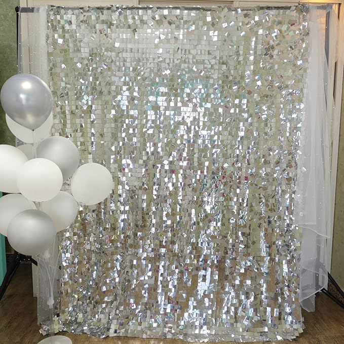 Silver Sequin Backdrop 8ft * 8ft 1 Panel, Shimmer Wall Backdrop Photobooth Props for Wedding, Anniversary, Birthday, Party Decorations