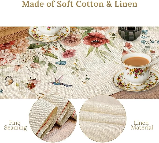 Rustic Floral Table Runner, Watercolor Flower Leaves Hummingbird Butterfly Farmhouse Kitchen Dinning Table Runner for Indoor Outdoor Home Wedding Party Holiday, 13x108 Inch