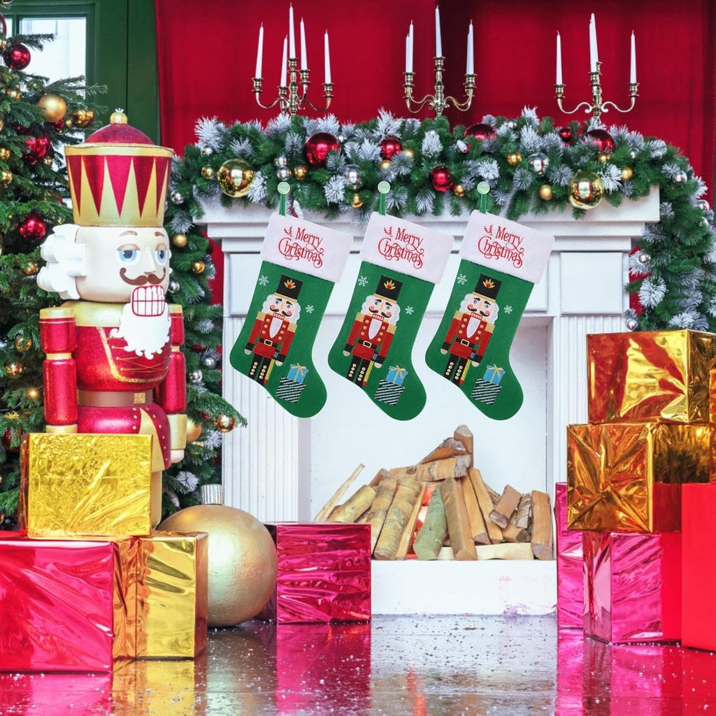 20" Christmas Stockings Nutcracker Green with Plush Cuff | Green Christmas Stocking with Nutcracker Soldier Embroidery, Fireplace Hanging Decor for Christmas Holiday Party Supplies