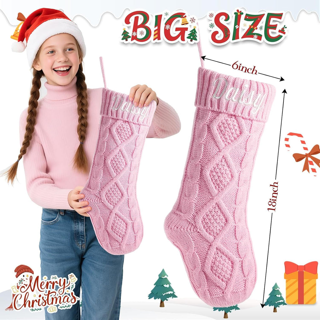 Personalized Christmas Stockings with Christmas Cards,Custom Embroidered Name Pink Christmas Stocking for Baby Kids Girl Family,18" Large Cable Knit Xmas Stockings for Fireplace