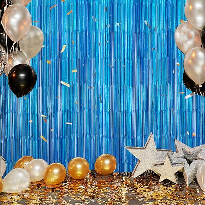 3 Pack Foil Fringe Backdrop - Laser Blue Shiny Tinsel Curtains for Party Decoration/Photo Booth Props - 3.3x8.2 FT Metallic Foil Backdrop for Birthday, Wedding, Graduation, Christmas.