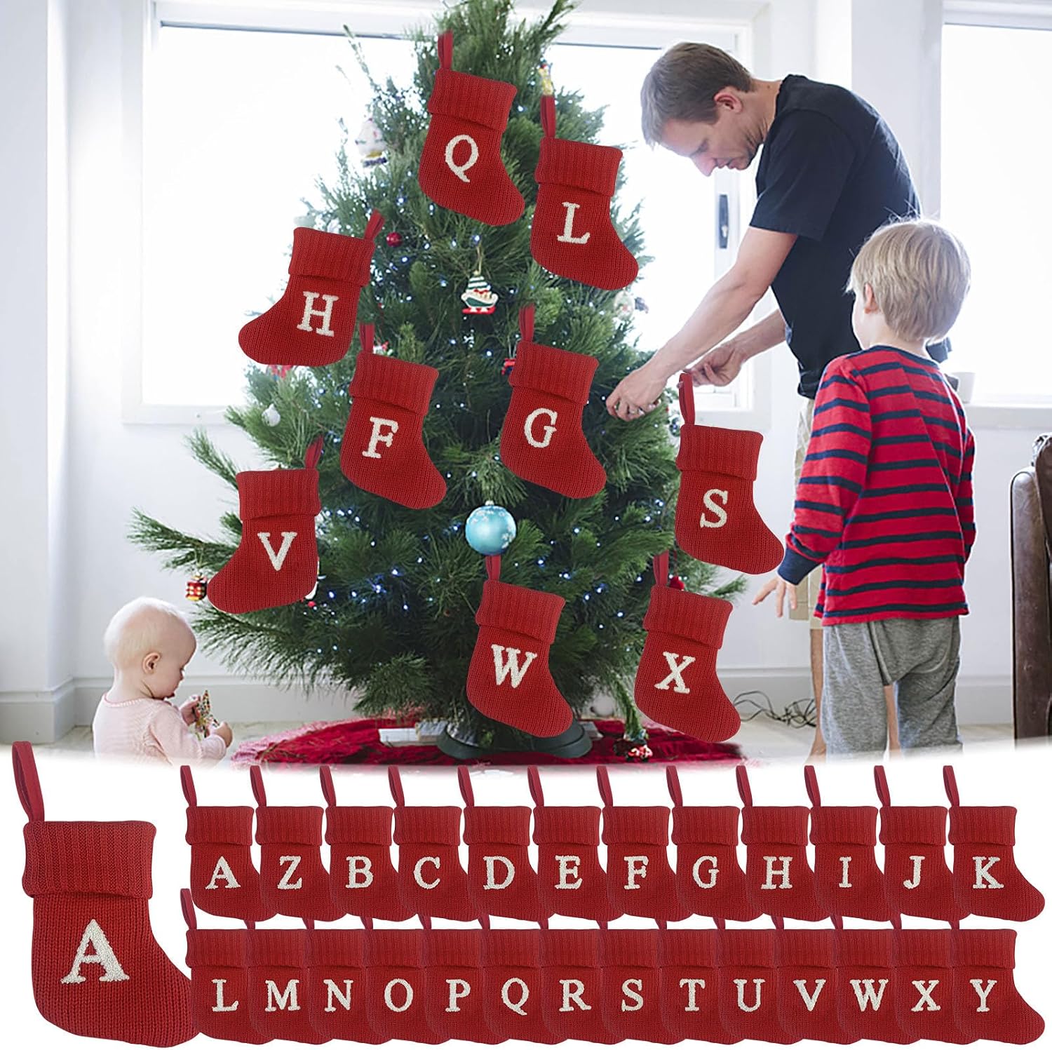 7 Inch Mini Monogram Stocking Red Christmas Initial Letter Cable Knit Stockings with Cuffs Cute Xams Alphabet Decorations for Home Family Fireplace Hanging Gifts DIY Decor (K)