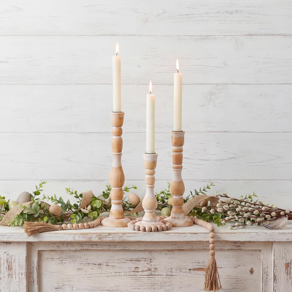NUPTIO Tall Wooden Candle Stick Holders, Set of 3, Whitewashed | Vintage Farmhouse Boho Style, Rustic Wood Finish, Natural Solid Pine Wood, for Christmas Mantels, Gift Giving