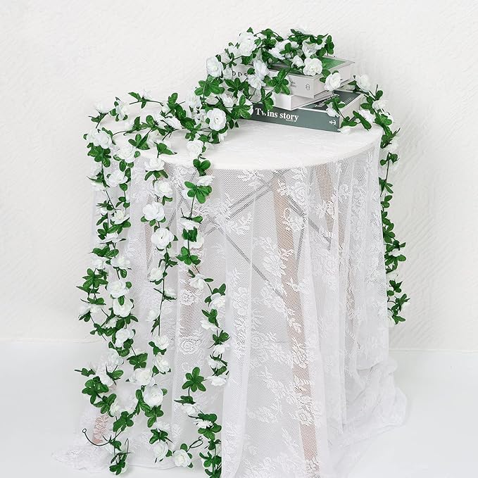 KHOYIME 9 Pack 72 FT Artificial Flower Garland, Fake White Roses Vines Silk Flowers Faux Plastic Outdoor Hanging Floral Ivy Garland Decoration for Wedding Arch Bedroom Home Wall Backdrop Room Decor