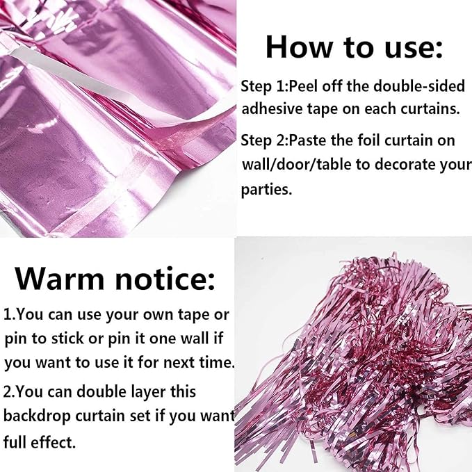 4 Pack Pink Foil Fringe Curtain Backdrop, 3.28Ft x 8.2Ft Metallic Tinsel Foil Fringe Streamer Curtains for Photo Booth Props, Birthday, Wedding, Valentine's Day Decoration Party Supplies New