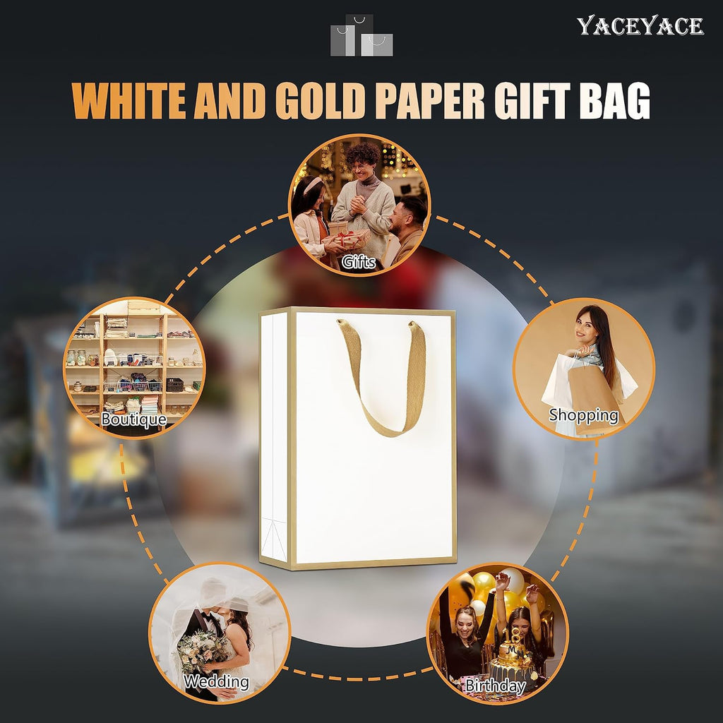 YACEYACE White Gift Bags - Medium Size, 10 Pcs, 8" x 4" x 10.5" with Gold Frame, Paper Party & Wedding Bags