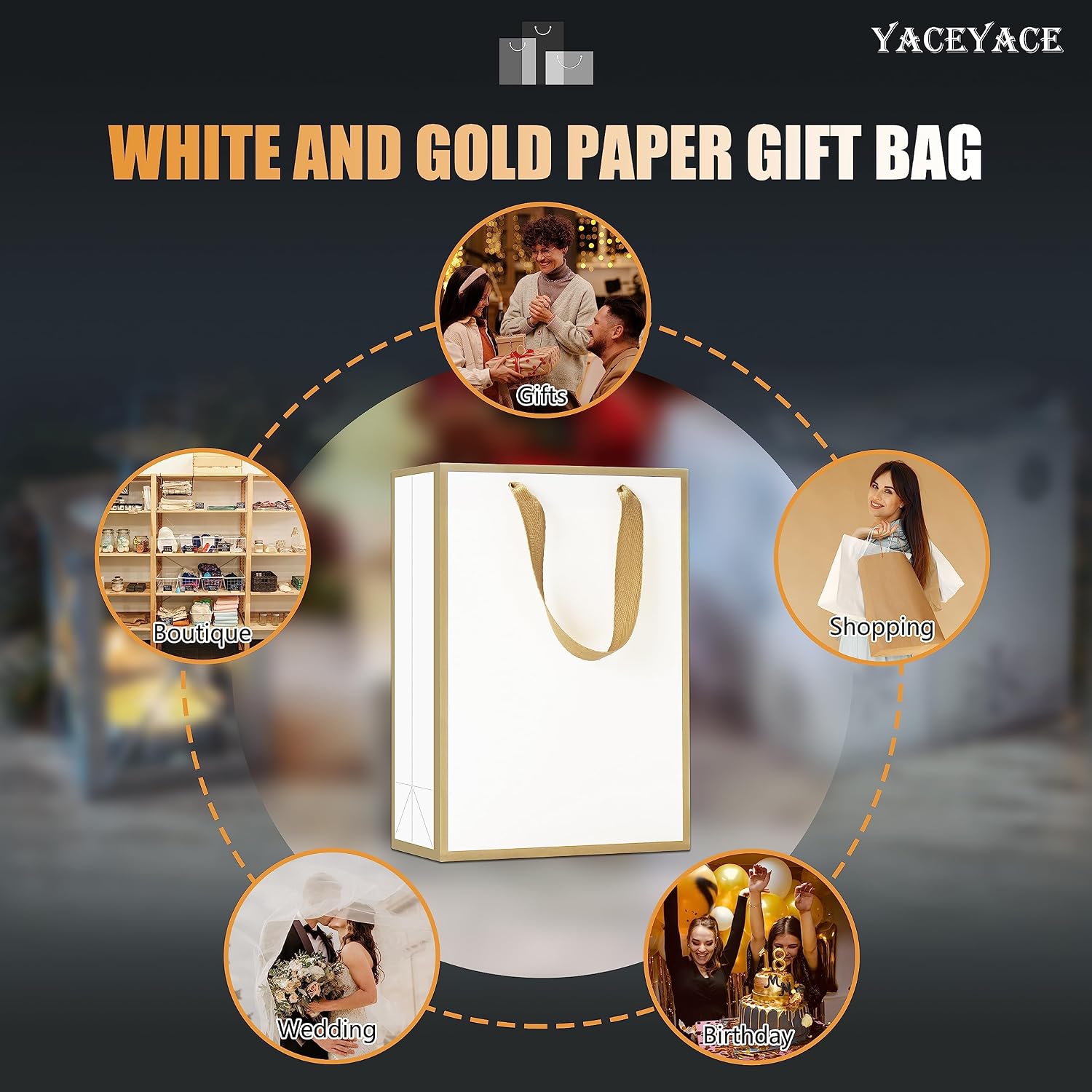 YACEYACE White Gift Bags - Medium Size, 10 Pcs, 8" x 4" x 10.5" with Gold Frame, Paper Party & Wedding Bags