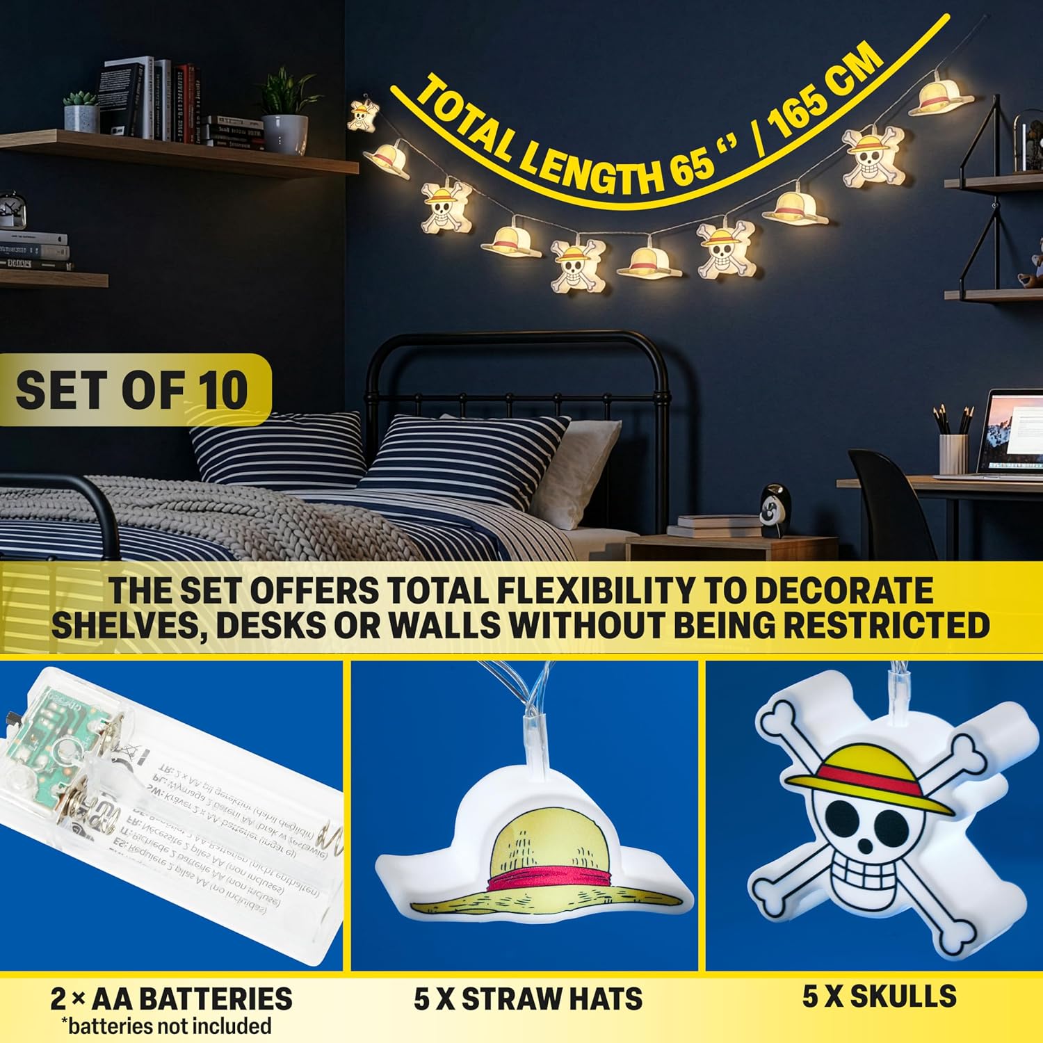 Get Trend One Piece 3D LED String Lights, 5.4 ft, 10 Pcs White Fairy Lights Battery Operated, 2 Lighting Modes, Straw Hat Indoor, Home, Room Decor for Kids, Teens, Adults, Manga, Anime Gifts