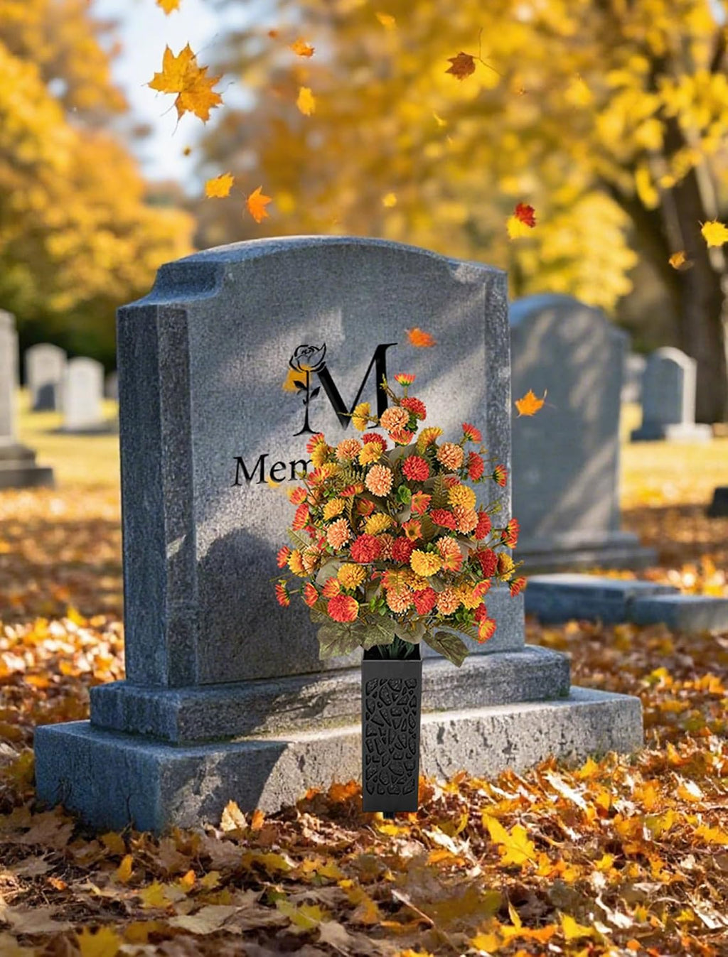 fall cemetery flowers for grave decorations, fake mums on a desk or shelf