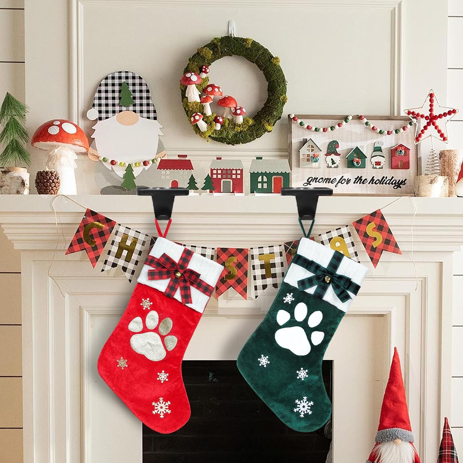 HMASYO Christmas Stocking Holders for Mantle Set of 2, Black Heavy Duty Iron Stocking Hangers Base, Low Profile Weighted Stocking Holder Hooks for Fireplace Tabletop Shelf Christmas Decoration
