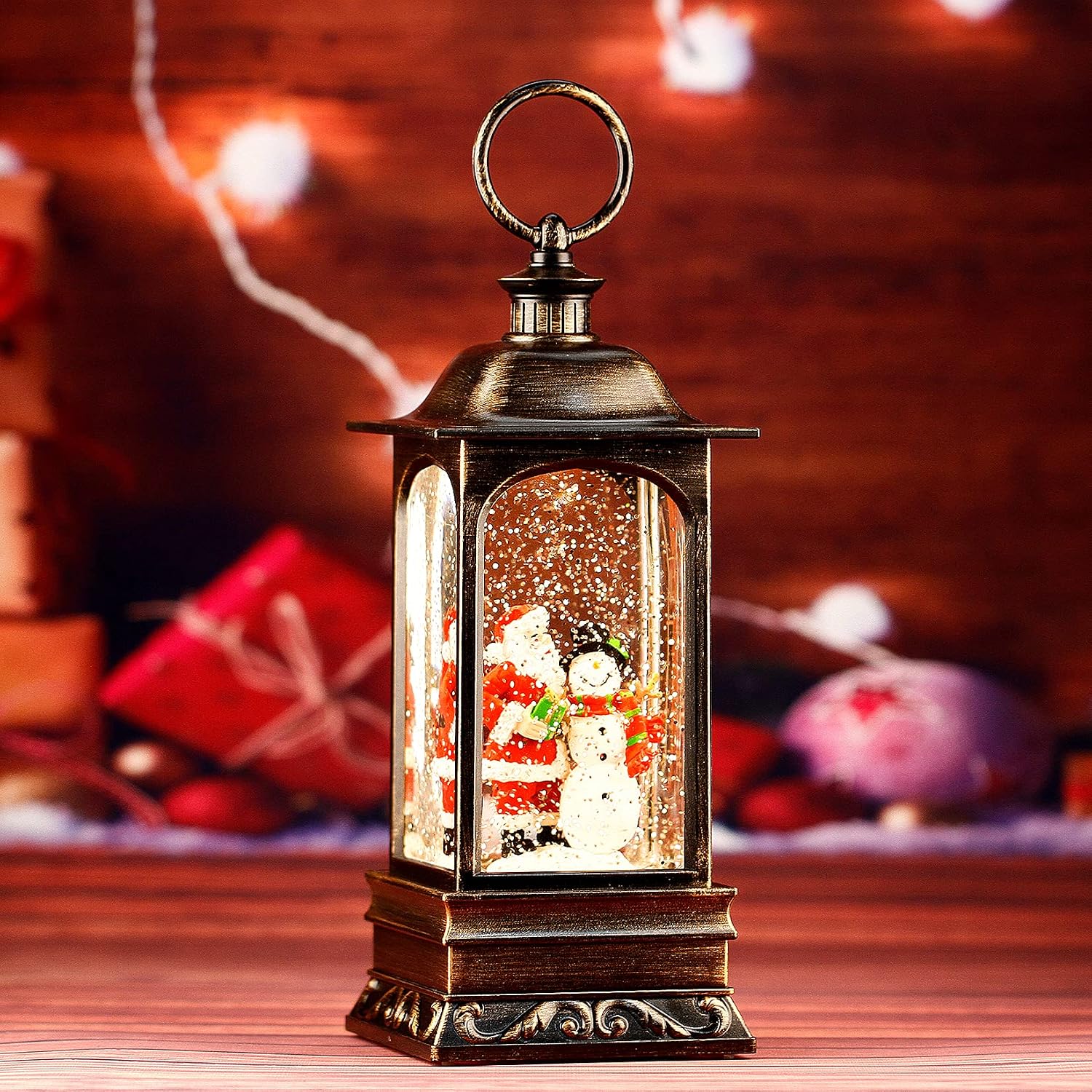 Christmas Snow Globe Lantern, Musical Snow Globe with Swirling Glitter, Battery Powered, Christmas Decorations Indoor for Home - Santa and Snowman