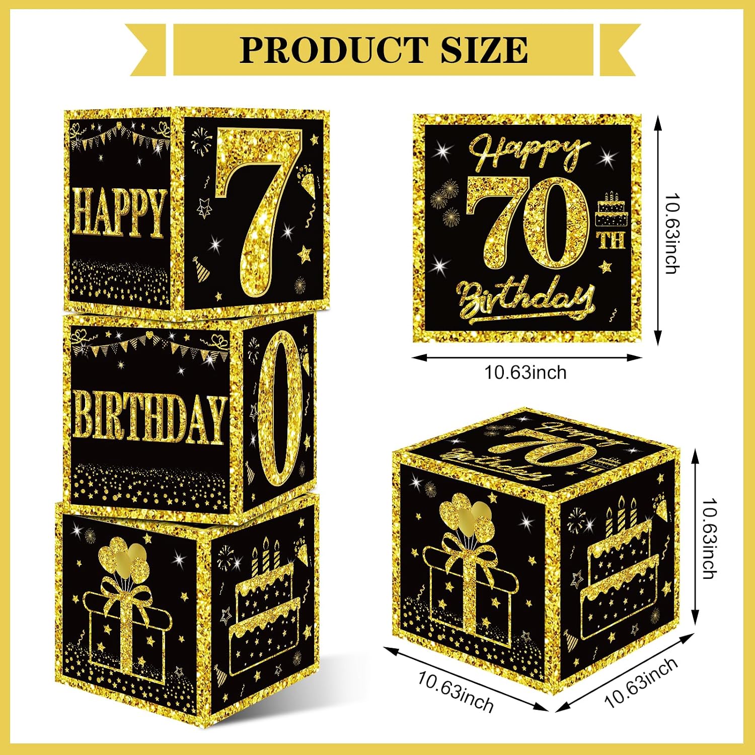 Eiurteao 3pcs 70th Birthday Decorations Boxes for Men Women, Black Gold Happy 70 Birthday Balloons Boxes Party Supplies, 70 Year Old Bday Theme Cardboard Box