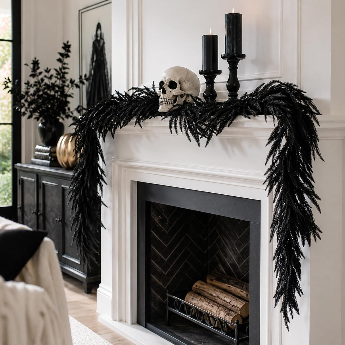 6ft black halloween norfolk pine garland,vine twig mantle showing dimensions