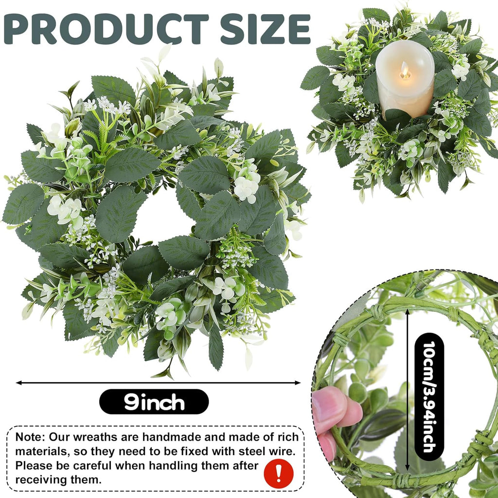 6 Pcs Artificial Eucalyptus Candle Rings Wreaths, 9 Inch Small Eucalyptus Wreath with Baby Breath, Greenery Candle Wreath Rings for Pillar Candle Table Centerpieces Wedding Home Decor