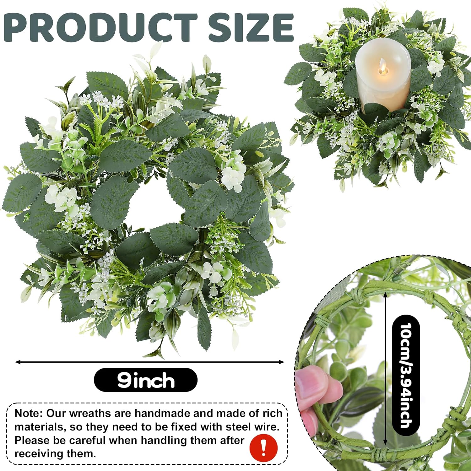 6 Pcs Artificial Eucalyptus Candle Rings Wreaths, 9 Inch Small Eucalyptus Wreath with Baby Breath, Greenery Candle Wreath Rings for Pillar Candle Table Centerpieces Wedding Home Decor