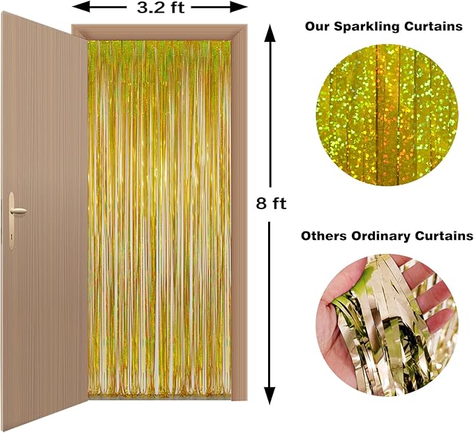 Foil Fringe Curtains Happy Retirement Decorations - Melsan 3 Pack 3.2 x 8.2 ft Gold Tinsel Curtain Party Photo Backdrop for Birthday Party Baby Shower or Graduation