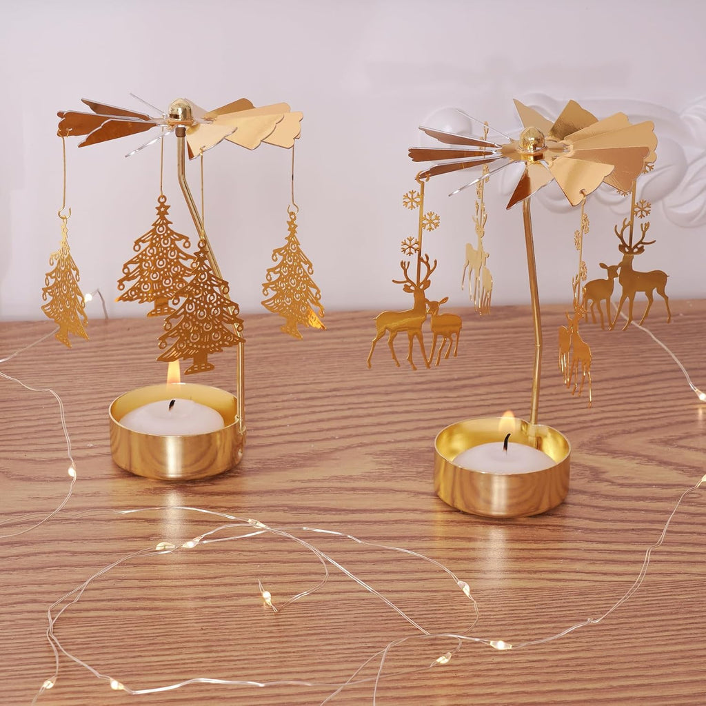 2Pcs Rotary Candle Holder Spinning Tea Light Candle Holder Gold Christmas Tree & Reindeer Style Metal Rotating Candlestick