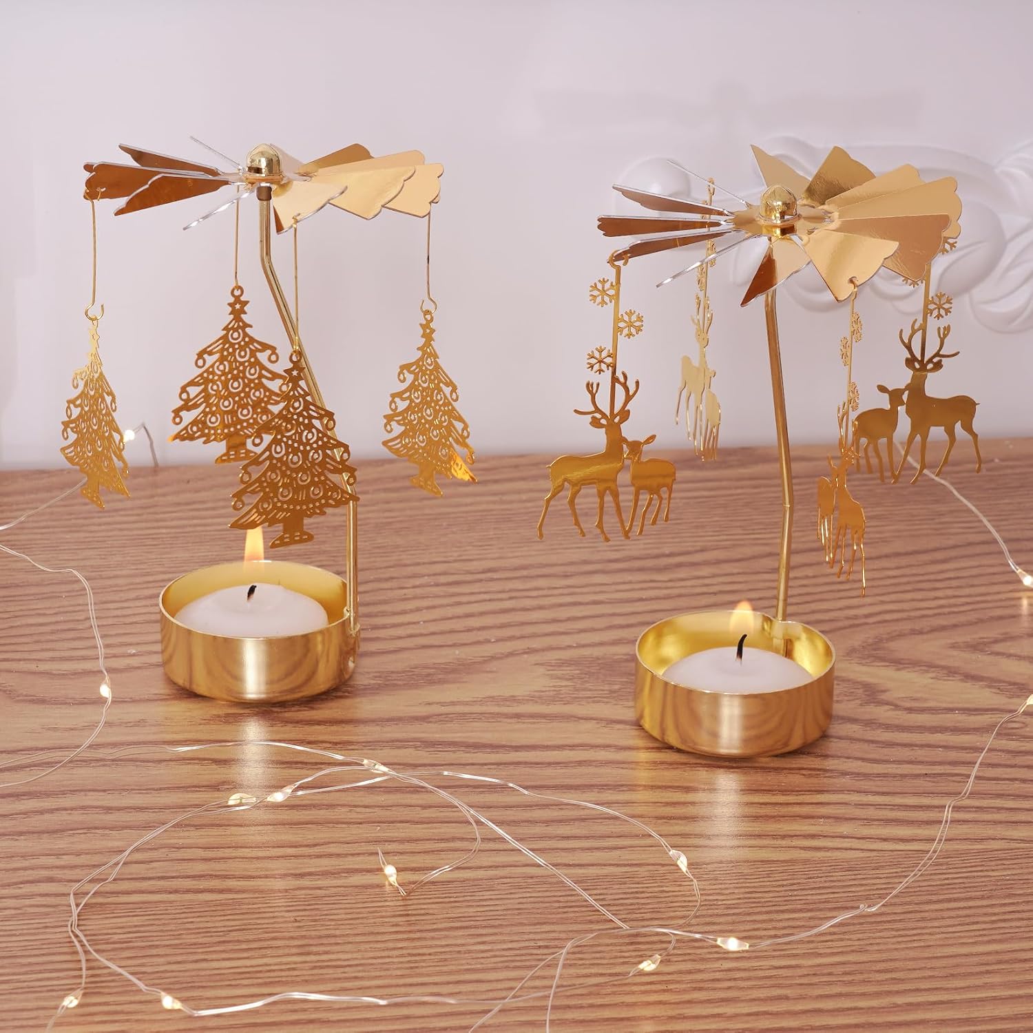 2Pcs Rotary Candle Holder Spinning Tea Light Candle Holder Gold Christmas Tree & Reindeer Style Metal Rotating Candlestick