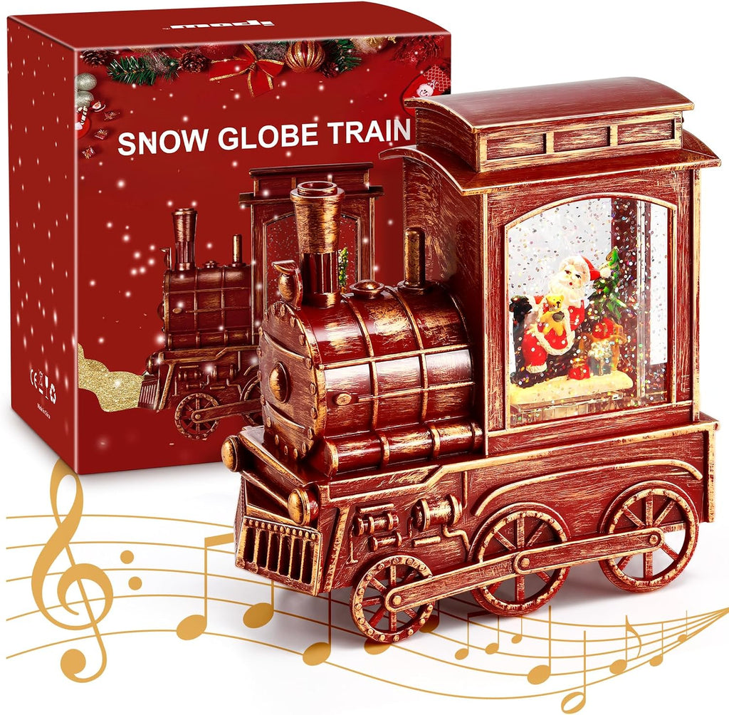 IPOW Christmas Santa Globe Lantern Train with Water Swirling Glitter, Musical and Lighted 6 Hours Timer USB Powered & Battery Operated Music Box for Christmas Home Decoration Gift