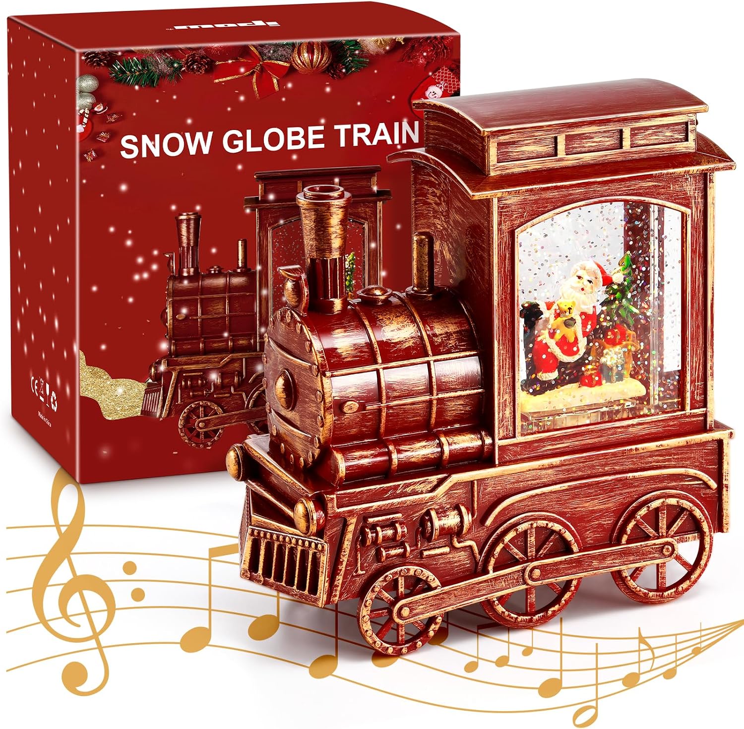 IPOW Christmas Santa Globe Lantern Train with Water Swirling Glitter, Musical and Lighted 6 Hours Timer USB Powered & Battery Operated Music Box for Christmas Home Decoration Gift