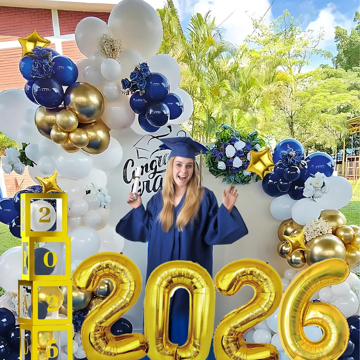 navy blue and gold graduation balloons garland arch, side view