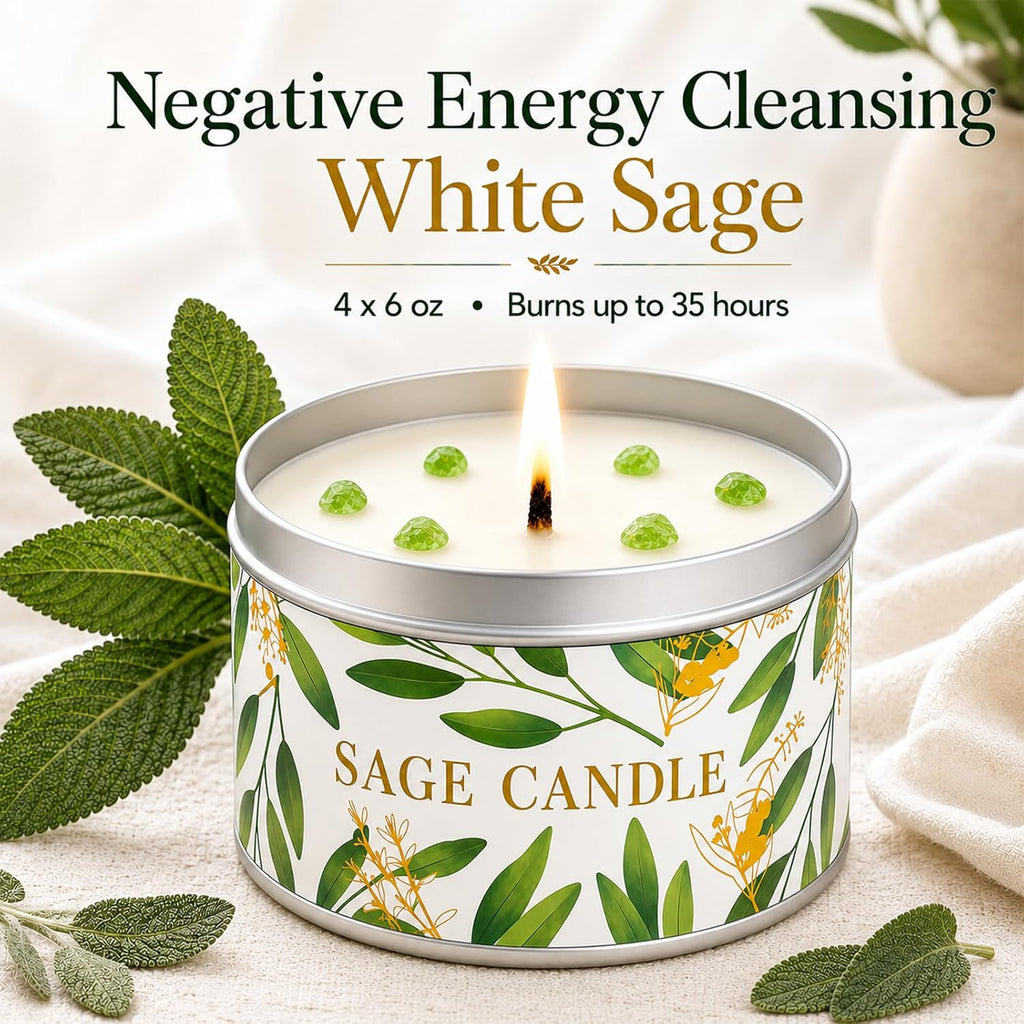Sage Candles Gift Set, 4 Pack Natural Soy Wax White Sage Smudge Kit with Healing Crystals, House Cleansing & Negative Energy, Spiritual Meditation & Aromatherapy, Housewarming Birthday Self Care Gifts