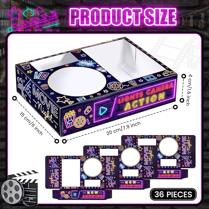 Faccito 36 Pcs Movie Night Snack Trays Movie Theater Snack Boxes Night Supply Disposable Paper Holder Tray for Popcorn Food Candy Drink Party 8 x 6 Inch(Black Purple,Classic Style)