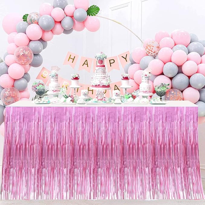 4 Pack 29x108 Inch Valentine's Day Metallic Foil Fringe Tinsel Table Skirts for Rectangle Tables Streamer Curtains Backdrop for Wedding, Birthday, Parade Floats Mardi Gras Party Decorations(Pink)