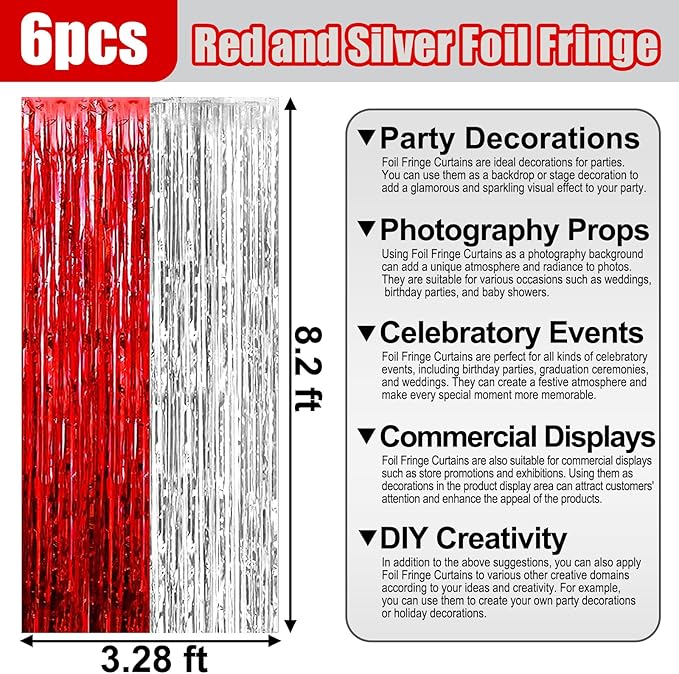 6 Pack Red Silver Foil Fringe Curtain Backdrop, 3.28Ft x 8.2Ft Metallic Tinsel Foil Fringe Streamer Curtains for Photo Booth, Birthday, Wedding, New Year Party Decorations