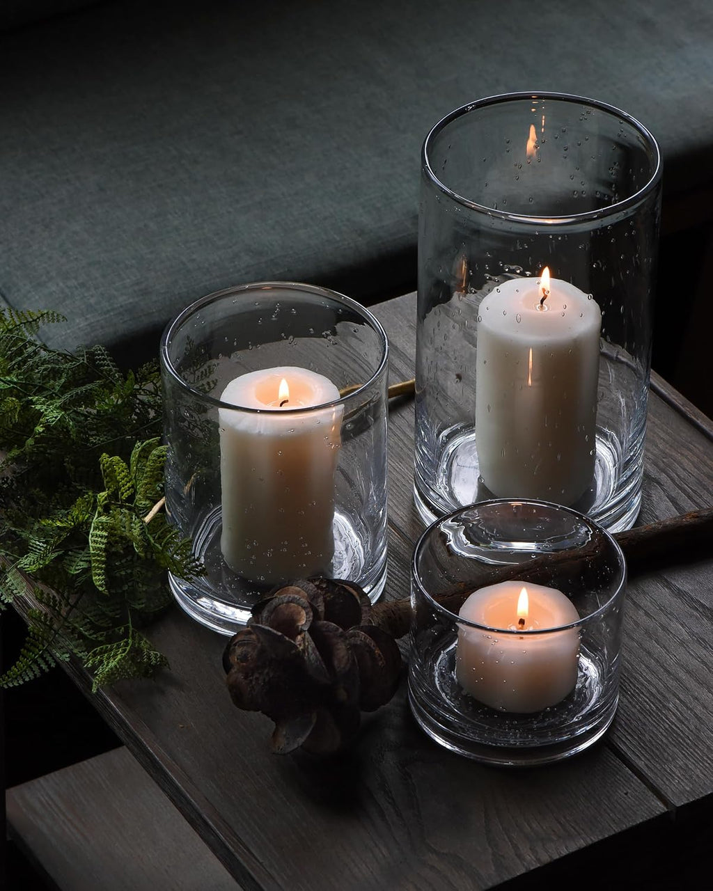 Hurricane Candle Holders Glass Cylinders Set of 3 (10" 7" 4") | Clear Seeded Bubbles, Cylinder Vases For Pillar Candles, Modern Rustic Table Centerpiece Decor