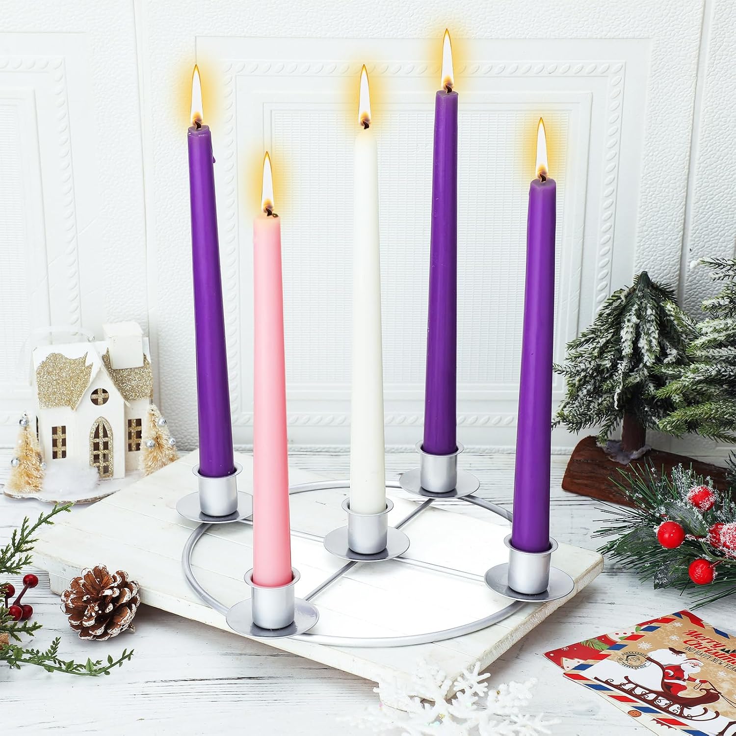 Newtay 1 Pack Christmas Advent Wreath Candle Holder 5 Candle 8.5 Inch Advent Wreath Ring Table Decoration Xmas Metal Ring for Christmas Holiday Home Decor (Silver)