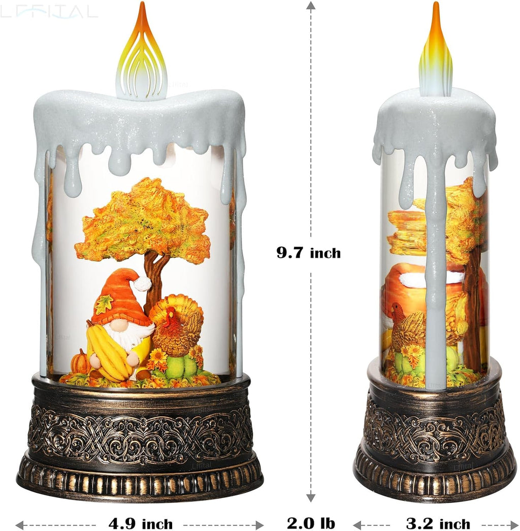 Fall Snow Globe Lantern Fall Decor Candle Shape with Gnome and Turkey, Lighted Thanksgiving Decorations with Timer Swirling Glitter for Tabletop Autumn Festival Harvest Day