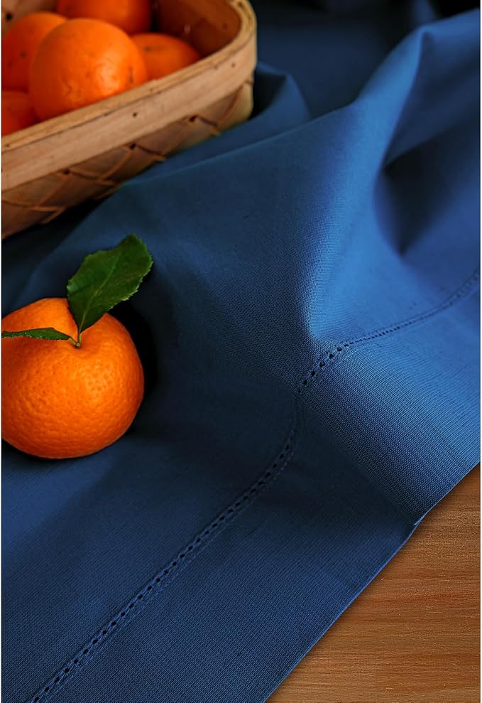 Solino Home Cotton Linen Table Runner 48 Inches - Lapis Blue Hemstitch Table Runner 14 x 48 Inch Ideal for Dresser and Coffee Tables - Fall, Autumn, Halloween