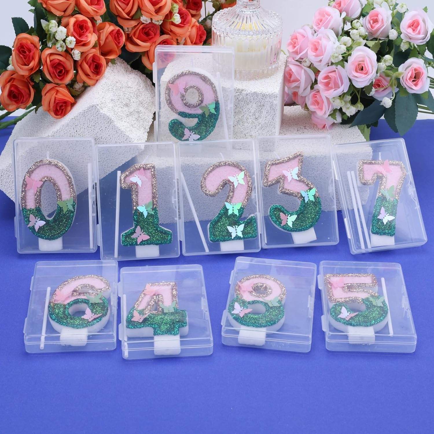 Butterfly Birthday Candles Numbers for Cakes, Pink and Green Party Decorations, Birthday Party Glitter Number 7 Candle Cake Topper with Sequins for Girls Women Anniversary Celebrations Supplies