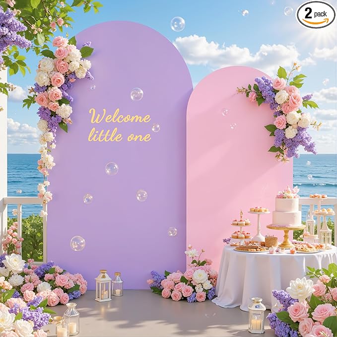 Pink Purple Arch Backdrop Cover for Wedding, 7.2FT 6FT Set of 2 Stretchy Spandex Fitted Arch Stand Cover for Baby Shower, Birthday Party Decor, Chiara Backdrop Cover with Double-Sided Design