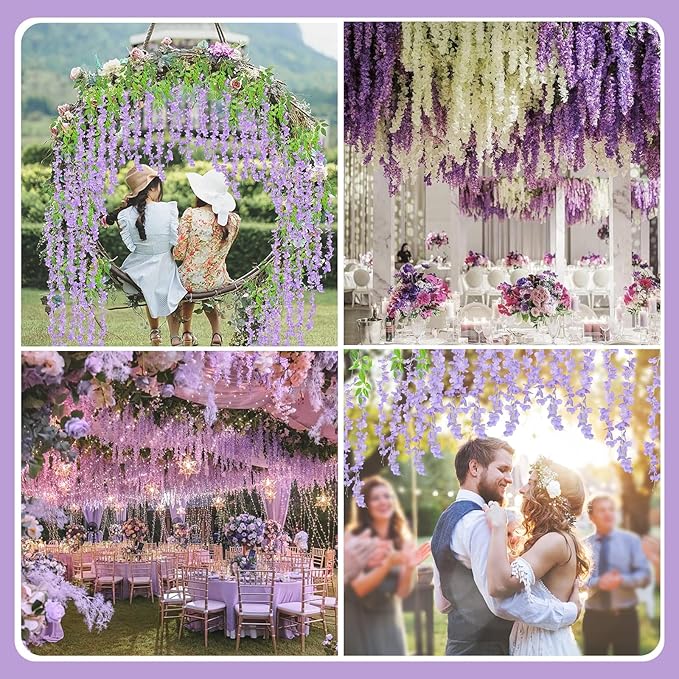 12 Pack Light Purple Wisteria Hanging Flowers Garland, 3.77 Feet Artificial Flower Vines, Fake Wisteria, Artificial Vines Hanging Garland for Backdrop Outdoor Yard Garden Decor