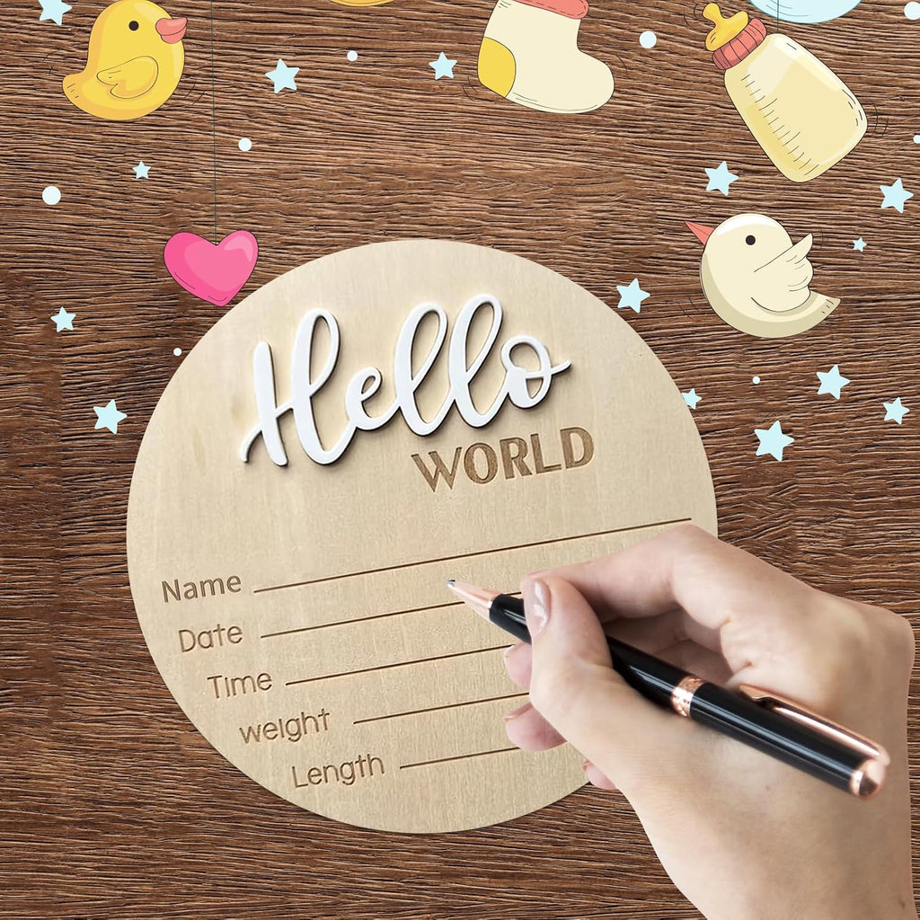 Baby Announcement Sign, 5.9 Inch Wooden Hello World Newborn Signs, Birth Announcement Sign, Baby Shower Hospital Nursery for Newborn Boys and Girls (White)