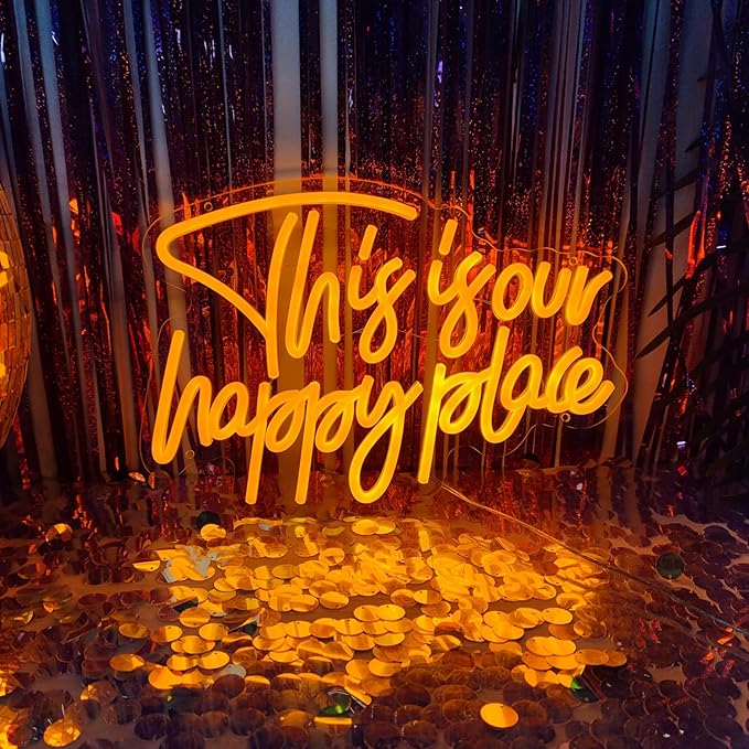 This is Our Happy Place Neon Signs for Wall Decor, My Happy Place LED Light Sign This is Our Place We Make The Rules Decor for Bedroom Man Cave Home Bar Birthday Party, 14.3" x 10"