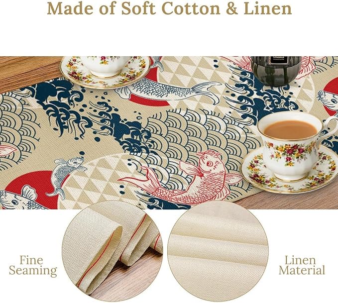Japanese Table Runner Oriental Tradition Kio Fish Art Printed Burlap Runner Home Kitchen Dining Table Living Room Decor Fabric 1 Panel W13xL70in