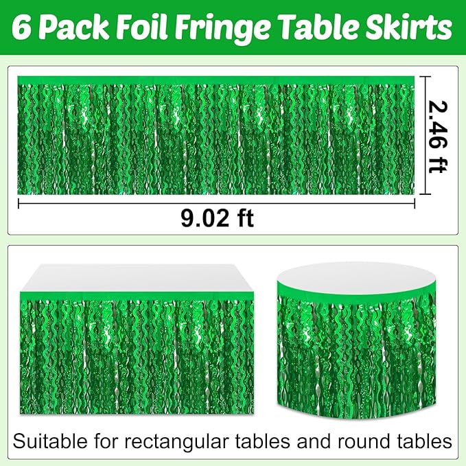 6 Pack 29x108 Inch Green Wave Foil Fringe Table Skirts Metallic Banner for Tinsel Streamer Garland Backdrop for Parade Floats Mother's, Graduate, Mardi Gras, Birthday, Wedding Party Decorations
