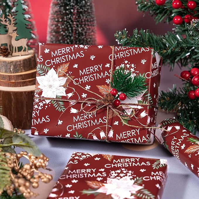 LeZakaa Christmas Wrapping Paper Roll - Red Flower & Merry Christmas Letter Pattern for Holiday, Party - 17 inches x 32.8 Feet (46.45 sq.ft.)