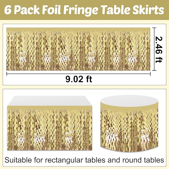 6 Pack 29x108 Inch Light Gold Wave Foil Fringe Table Skirts Metallic Banner for Tinsel Streamer Garland Backdrop for Parade Floats Wedding, Mother's Day, Birthday Mardi Gras Party Decorations