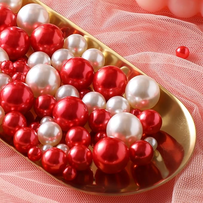 200 Pcs Vase Filler Beads White and Red Pearl Beads for Vase No Hole Pearls for Centerpieces Vases Home Table Party Decor Wedding DIY 8/14/20mm