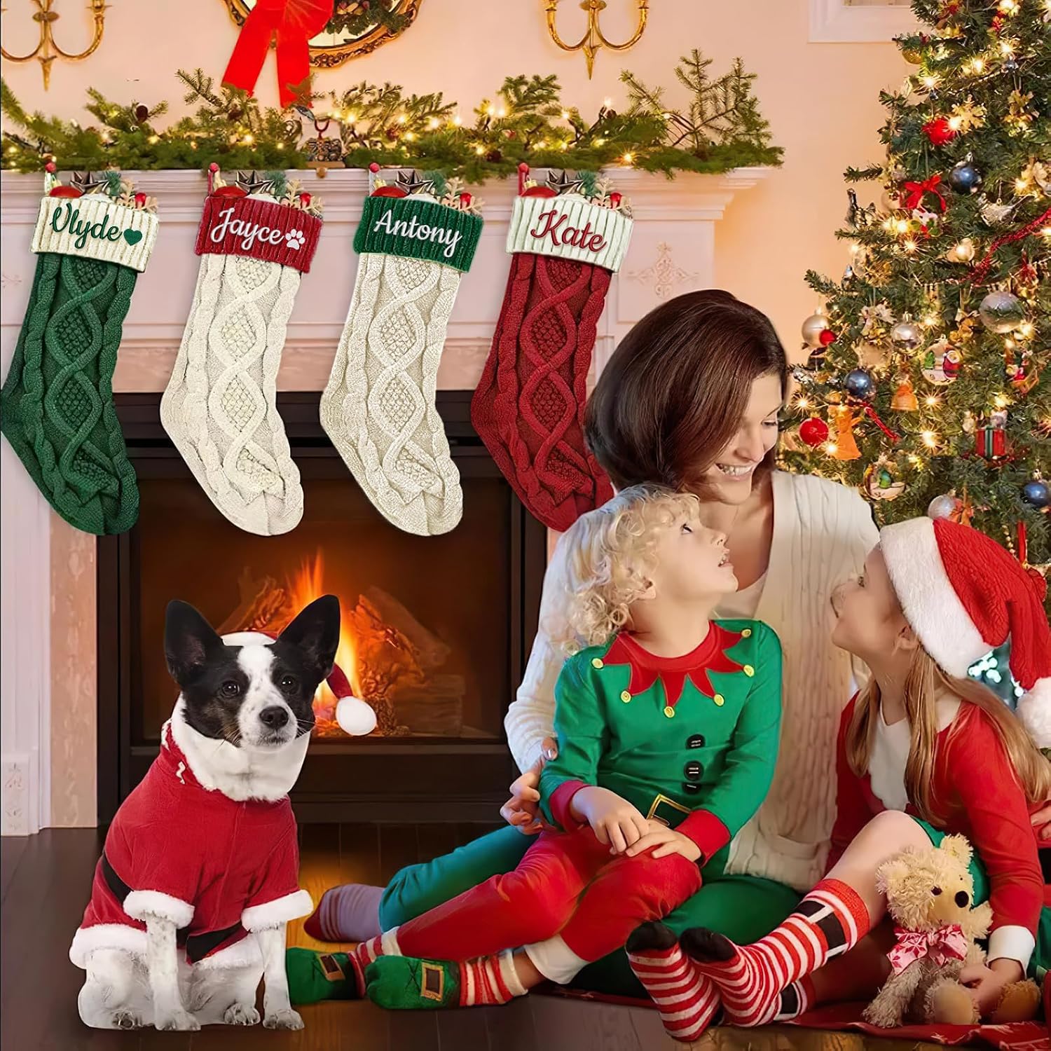 Dreamdecor Personalized Christmas Stockings with Names Monogram, 18” Large Family Knitted Xmas Stocking with Leather Nameplate for Kids, 1 Pack Customized Christmas Stockings for Fireplace Holiday