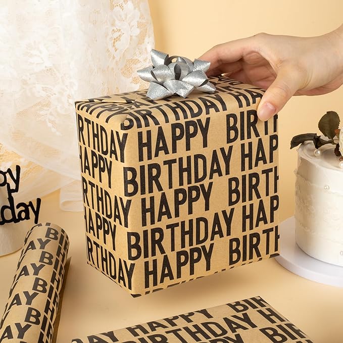 Yarcony Birthday Kraft Wrapping Paper Roll, Mens Gift Wrapping Paper - 17 Inch x 33 Feet - Vintage Style Brown Black Happy Birthday Gift Wrap Thick Present Sheet for Holiday, Party, Father's Day